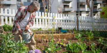 Senior man tending a vegetable garden in an urban setting, using a watering can.