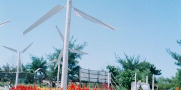 white wind turbine on red and yellow flower field under blue sky during daytime