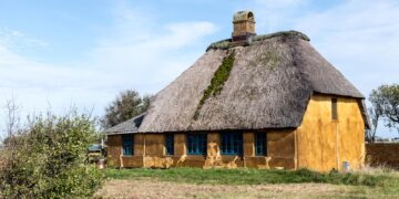 A small house with a thatched roof in a field