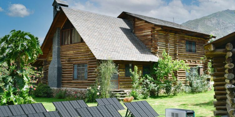a log cabin with solar panels on the lawn
