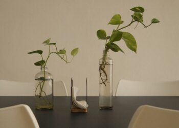 Plants in vases decorate a table setting.