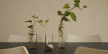 Plants in vases decorate a table setting.