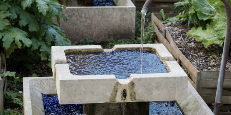 white and blue concrete fountain