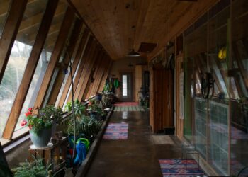 A long hallway with a lot of plants in it
