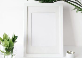 A clean, minimal desk setup with white frames and lush green plants for a fresh office vibe.