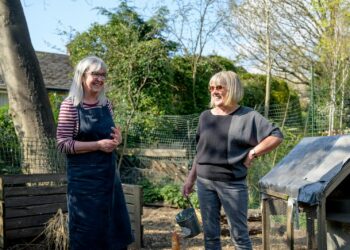Smiling senior women enjoying gardening in a sunny backyard garden setting.