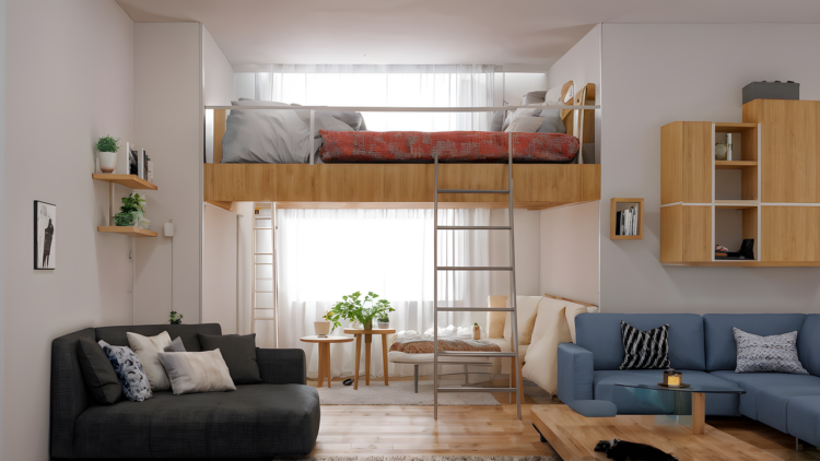 ai generated, bedroom, bed, house, building, architecture, minimalist, living, small space, sustainable, downsizing, cozy, home, compact living