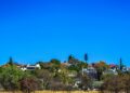 Houses nestled among trees under a clear blue sky.