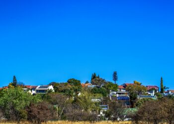 Houses nestled among trees under a clear blue sky.