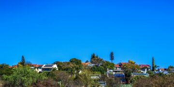 Houses nestled among trees under a clear blue sky.