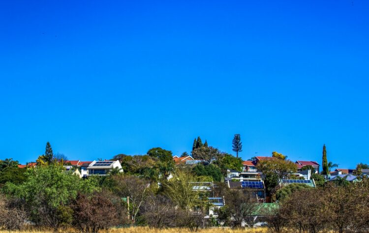 Houses nestled among trees under a clear blue sky.