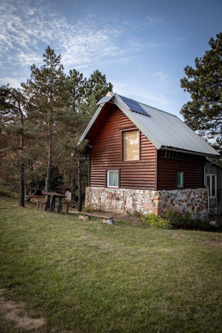 Charming wooden cabin in a tranquil countryside with trees and open sky.