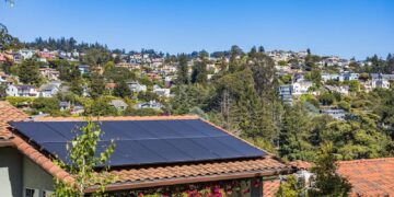 Solar panels on a suburban home, surrounded by lush greenery and a sunny blue sky.