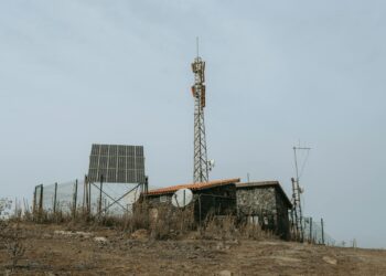 Rural remote station featuring solar panels and communication towers in the Canary Islands, Spain.
