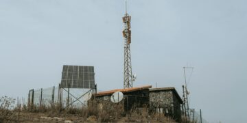 Rural remote station featuring solar panels and communication towers in the Canary Islands, Spain.
