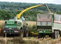 Agricultural machinery harvesting corn in rural countryside near Hamburg, Germany.