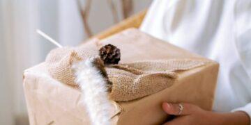 A joyful woman holding a beautifully wrapped natural gift in an indoor setting.