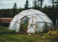A geodesic dome greenhouse stands amidst a vibrant garden with lush greenery.